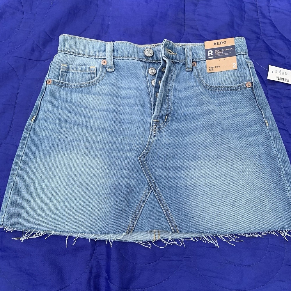Aero Jeans Skirt Size 2 Button Fly High Rise Mini Blue Light Wash Denim